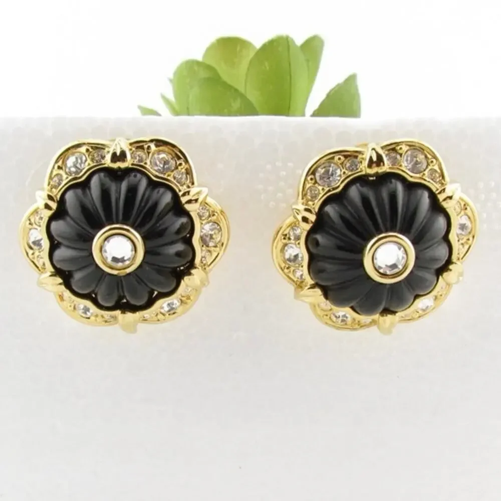 Vintage Joan Rivers Floral Earrings Gold Tone Black Enamel - Picture 2 of 8